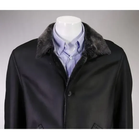 LaMatta Men's Black Leather Shearling Lined Coat Eu 54 - US 44 - Picture 3 of 10